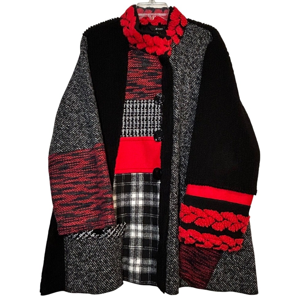 Ali Miles Cardigan Jacket Women 2X Black Red Patchwork Art to Wear Mixed Media